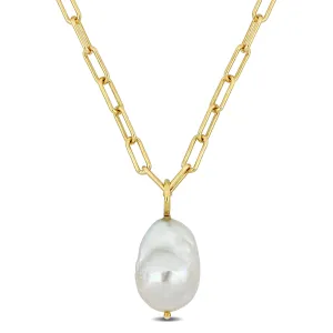 13-14 MM Natural Shape Cultured Freshwater Pearl and 3.5 MM Oval Link Necklace in 18k Gold Plated Sterling Silver (18 Inches)