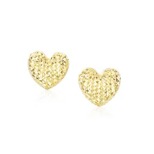 14k Yellow Gold Puffed Heart Earrings Diamond Cuts Weight 1.8 grams