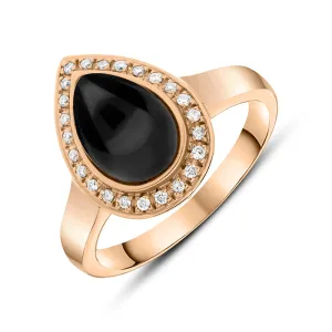 18ct Rose Gold Whitby Jet 0.13ct Diamond Pear Shaped Ring