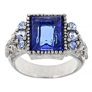 1928 Jewelry Sapphire Blue German Glass Stone & Crystal Ring