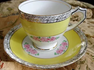 1930s VINTAGE Art Deco Teacup and Saucer Sweet Hand Painted  Pink Flowers Sunny Yellow Royal Mayfair English Bone China Tea Cup and Saucer