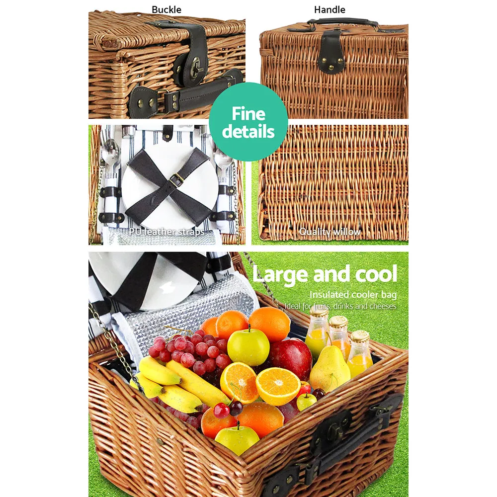 2 Person Willow Picnic Basket Set Insulated Cooler Bag Blanket Alfresco