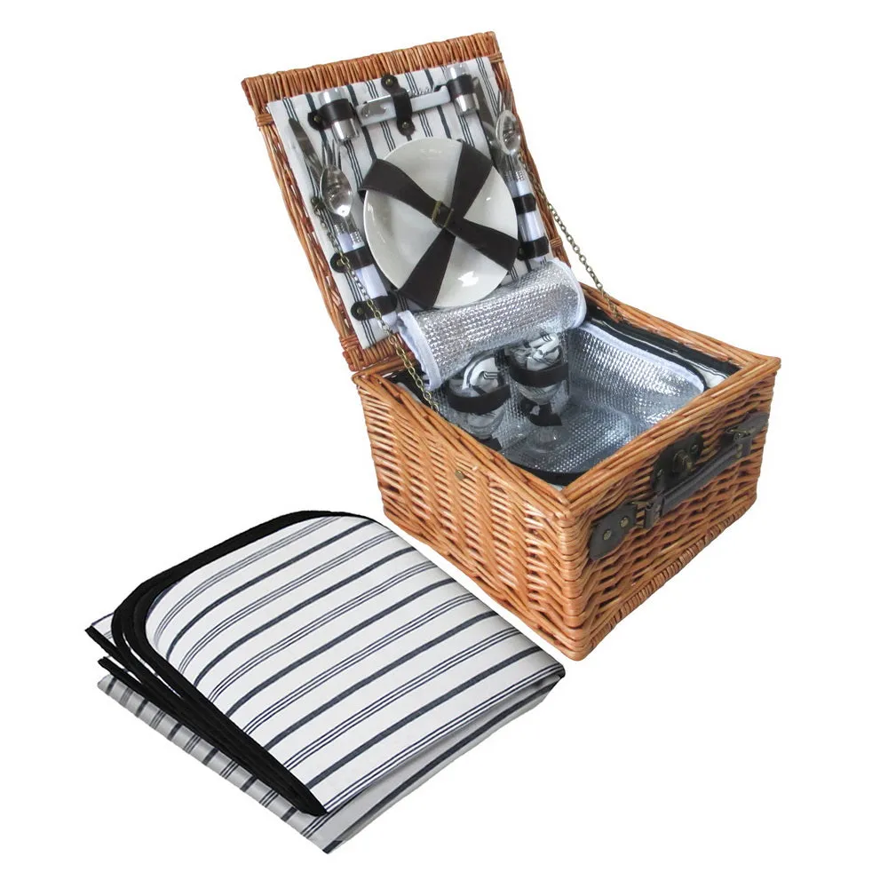 2 Person Willow Picnic Basket Set Insulated Cooler Bag Blanket Alfresco