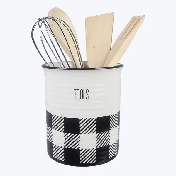 21076 Ceramic Black/White Buffalo Plaid Kitchen Utensil Holder W/Tools