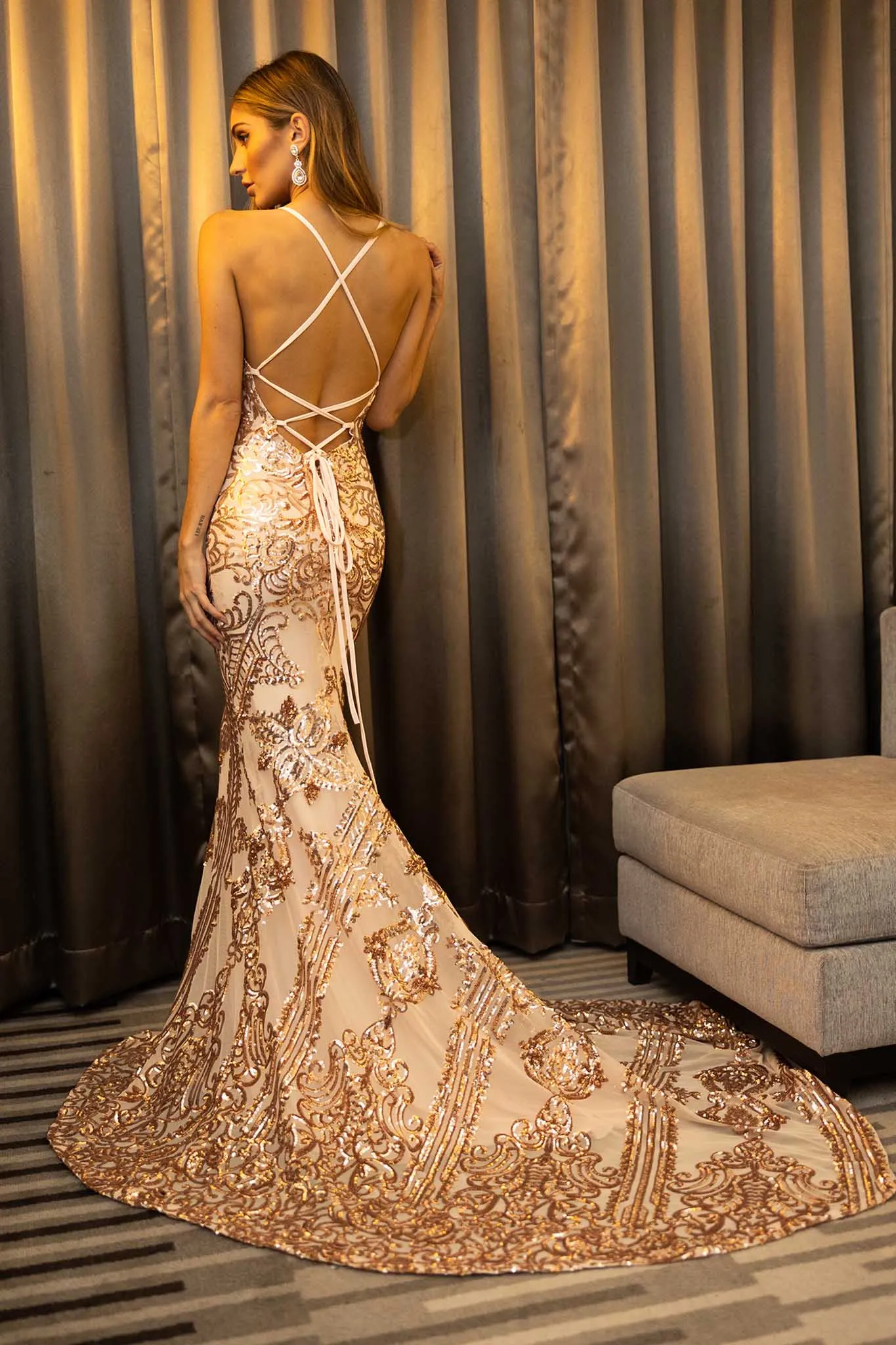 AMIYA Lace Up Back Pattern Sequin Gown - Rose Gold