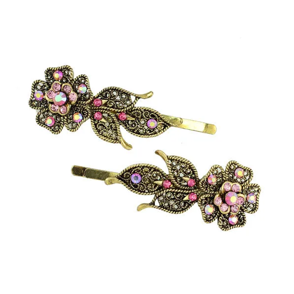 Antique Brass Hair Clips w/ Rhinestone Flower [Pair]