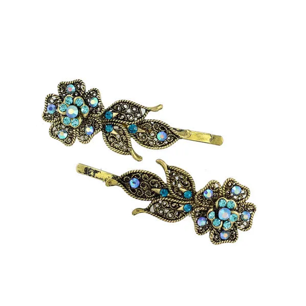 Antique Brass Hair Clips w/ Rhinestone Flower [Pair]