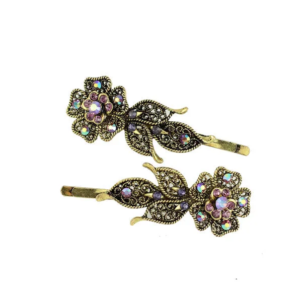 Antique Brass Hair Clips w/ Rhinestone Flower [Pair]