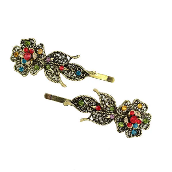 Antique Brass Hair Clips w/ Rhinestone Flower [Pair]