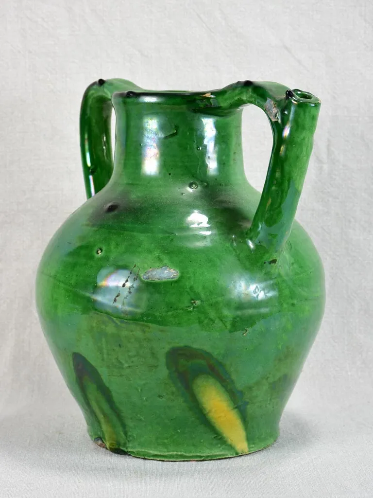 Antique French water cruche with emerald green glaze 12¼"