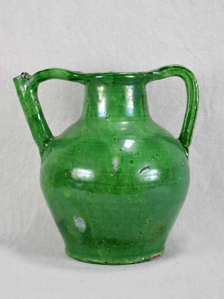 Antique French water cruche with emerald green glaze 12¼"