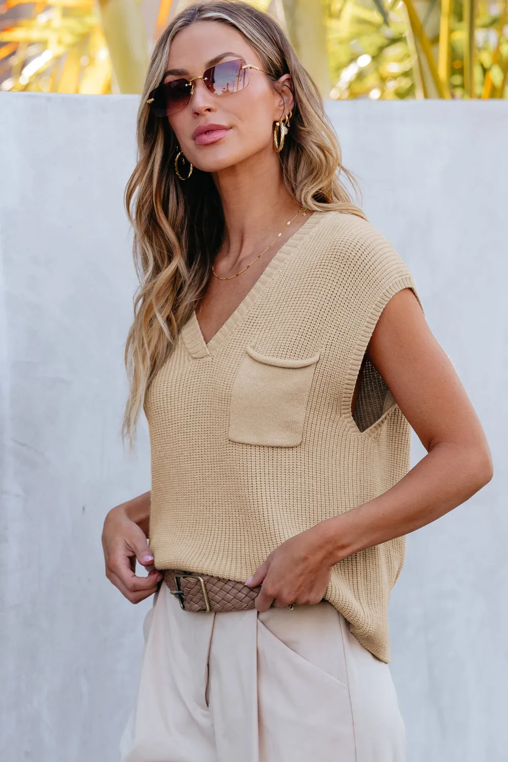 Apricot Chest Pocket V Neck Ribbed Cap Sleeve Sweater