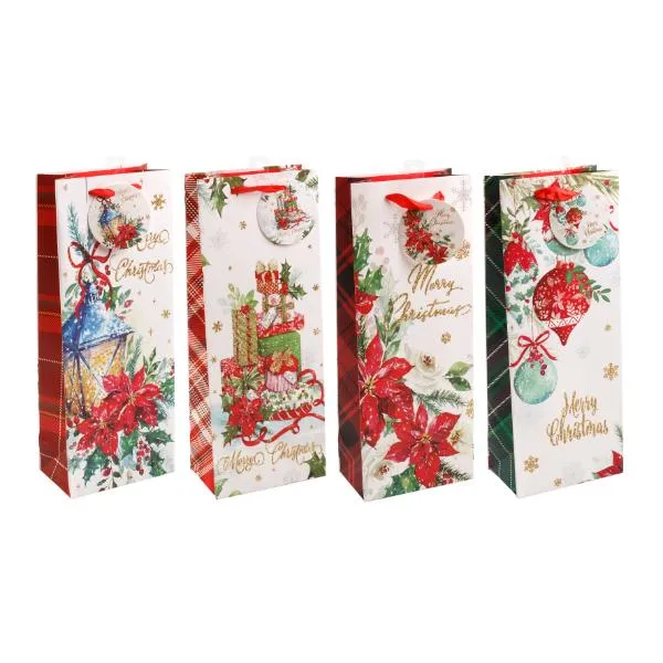 Assorted Christmas Tradition Des Glitter 210gsm Bottle Gift Bag