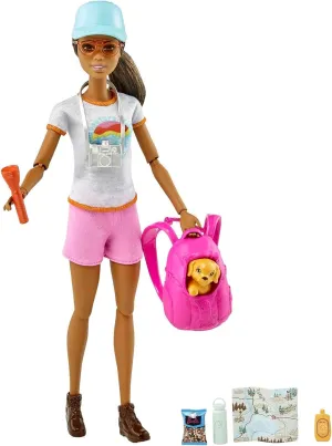 Barbie Self-Care Doll, Brunette Posable Hiking Doll with Puppy & Accessories Including Backpack Pet Carrier & Camera