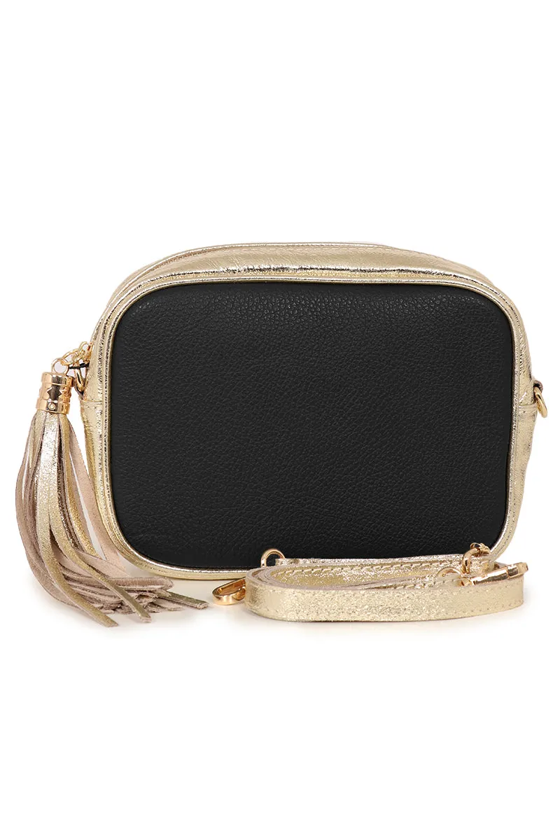 Beau - Italian Leather Crossbody Bag - Black/Gold, Pebbled