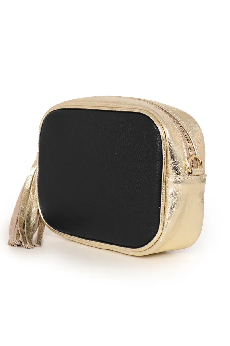 Beau - Italian Leather Crossbody Bag - Black/Gold, Pebbled