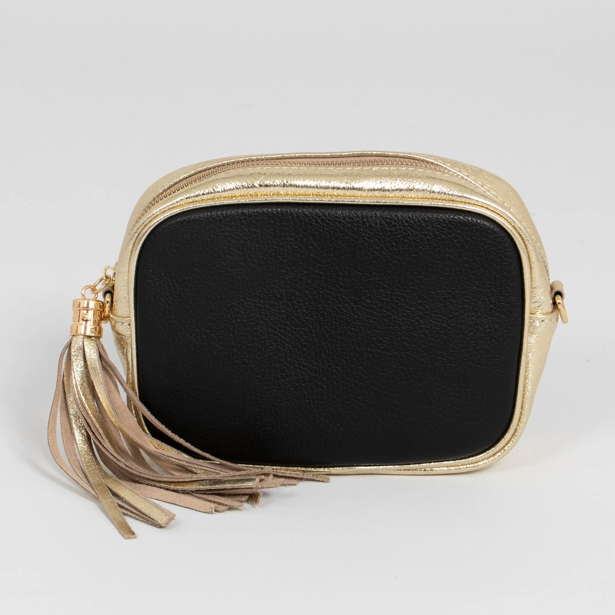 Beau - Italian Leather Crossbody Bag - Black/Gold, Pebbled