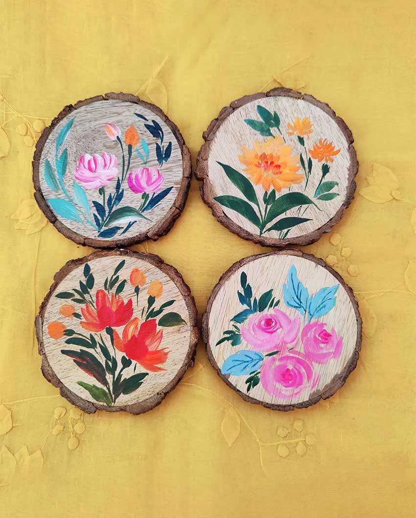 Beautiful Roses Hand Painted Wooden Bark Coasters | 4 inches  | Set Of 4