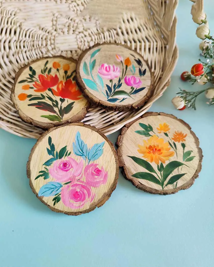 Beautiful Roses Hand Painted Wooden Bark Coasters | 4 inches  | Set Of 4