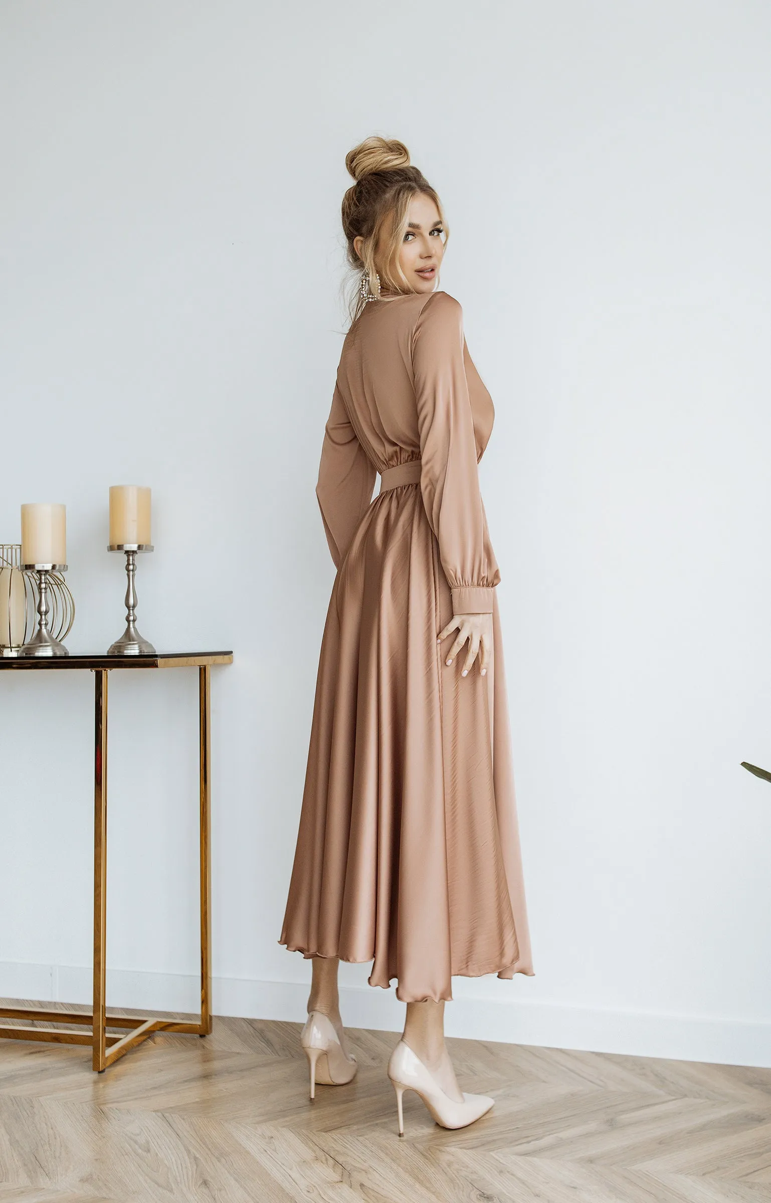 Beige Silk Long Sleeve Maxi Dress