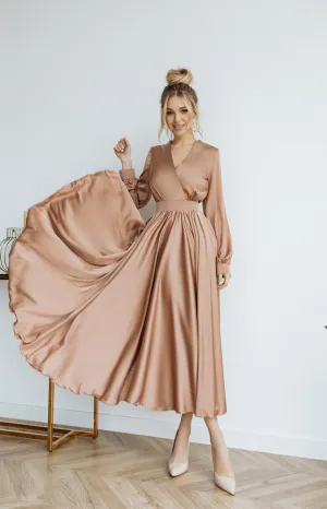 Beige Silk Long Sleeve Maxi Dress