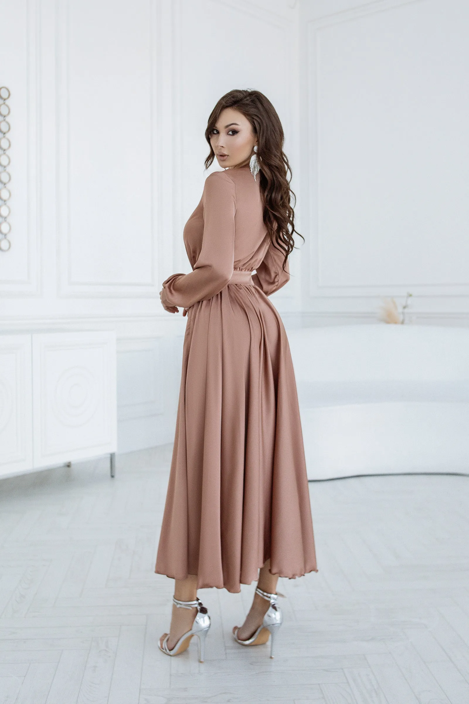 Beige Silk Long Sleeve Maxi Dress