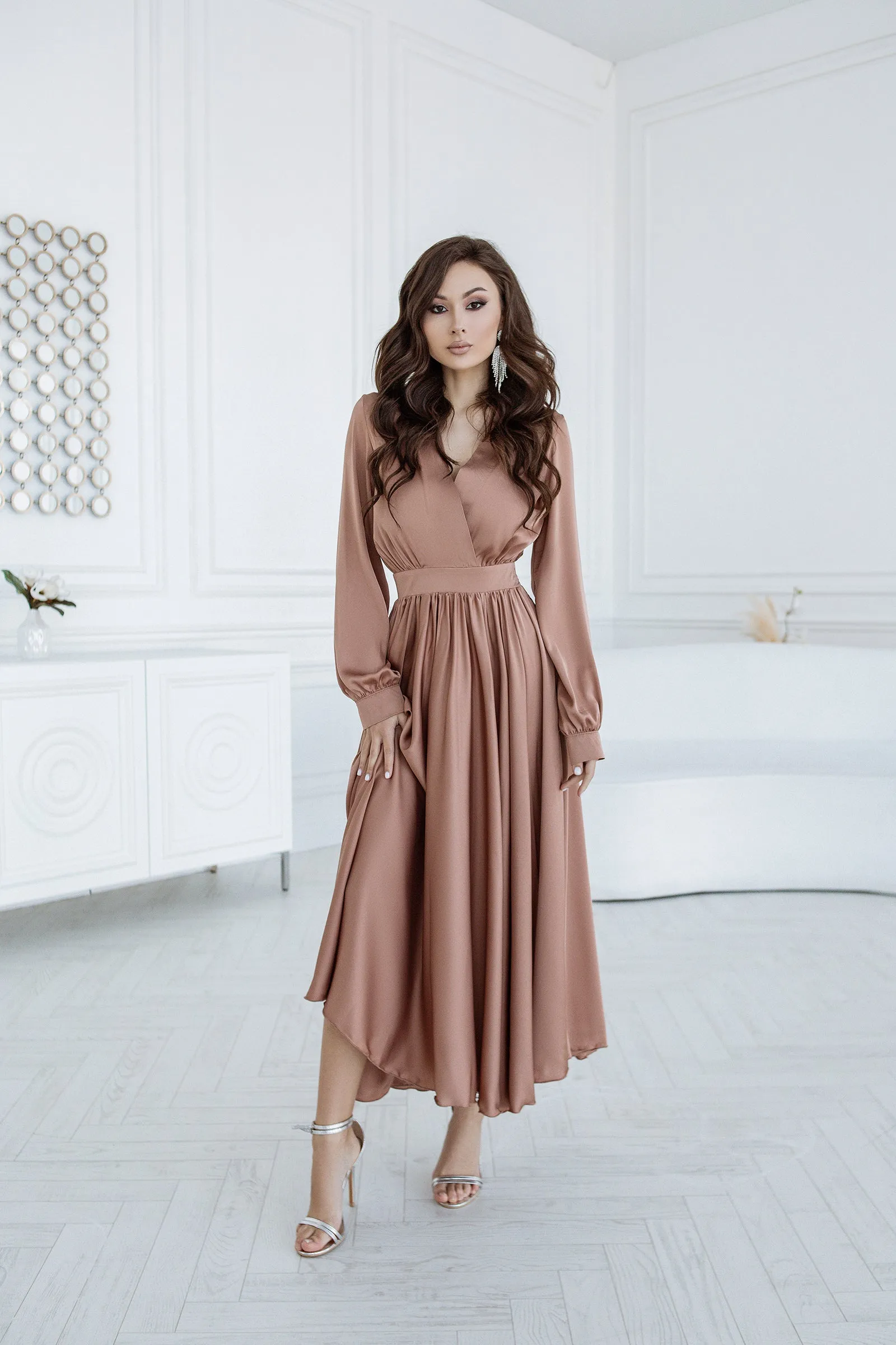 Beige Silk Long Sleeve Maxi Dress