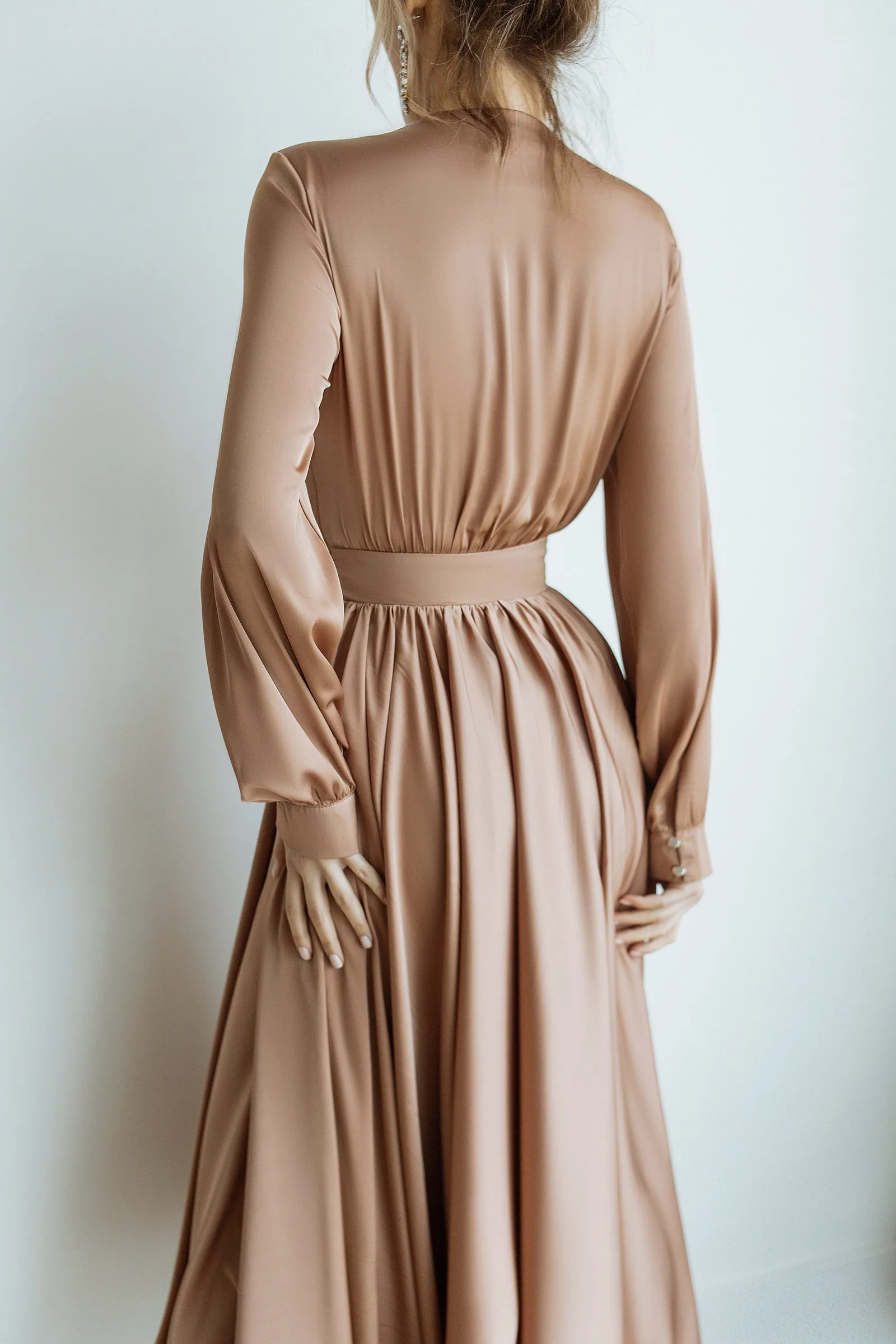 Beige Silk Long Sleeve Maxi Dress