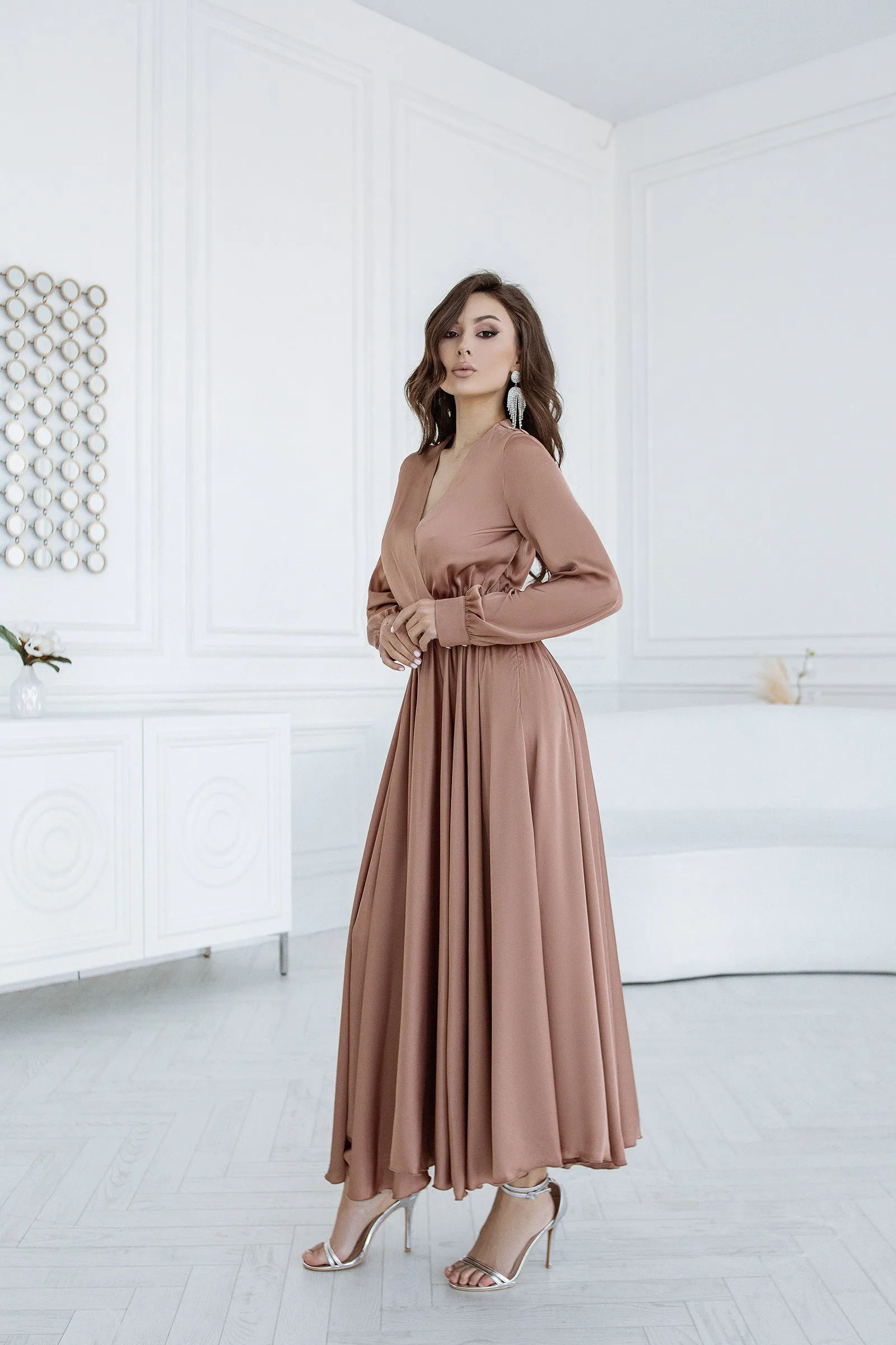 Beige Silk Long Sleeve Maxi Dress