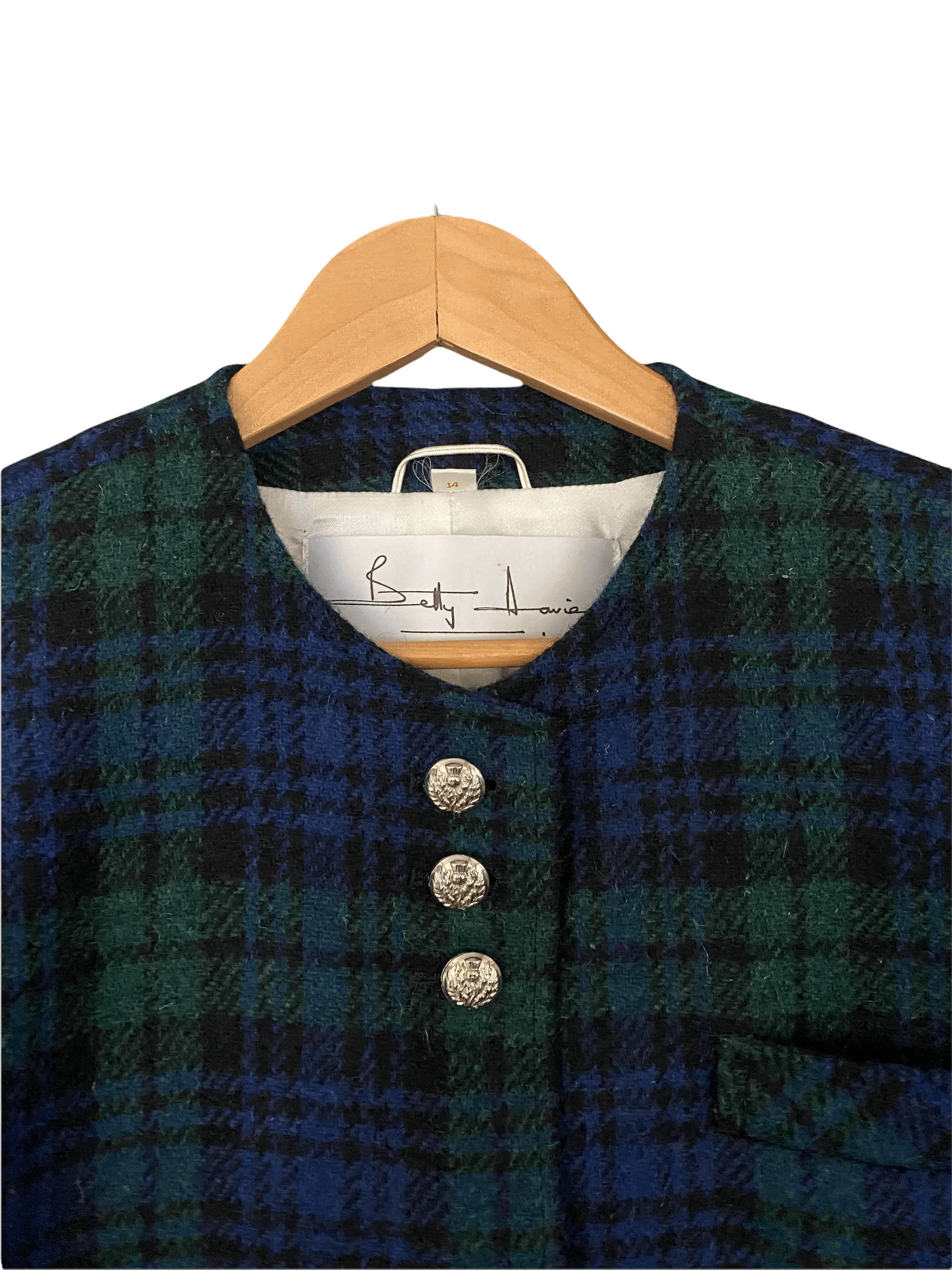 Betty Davies Harris Tweed Coat Green and Beue Tartan UK Size 14