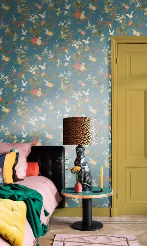 Blue Dreamy Vintage Birds & Floral Wallpaper R6399