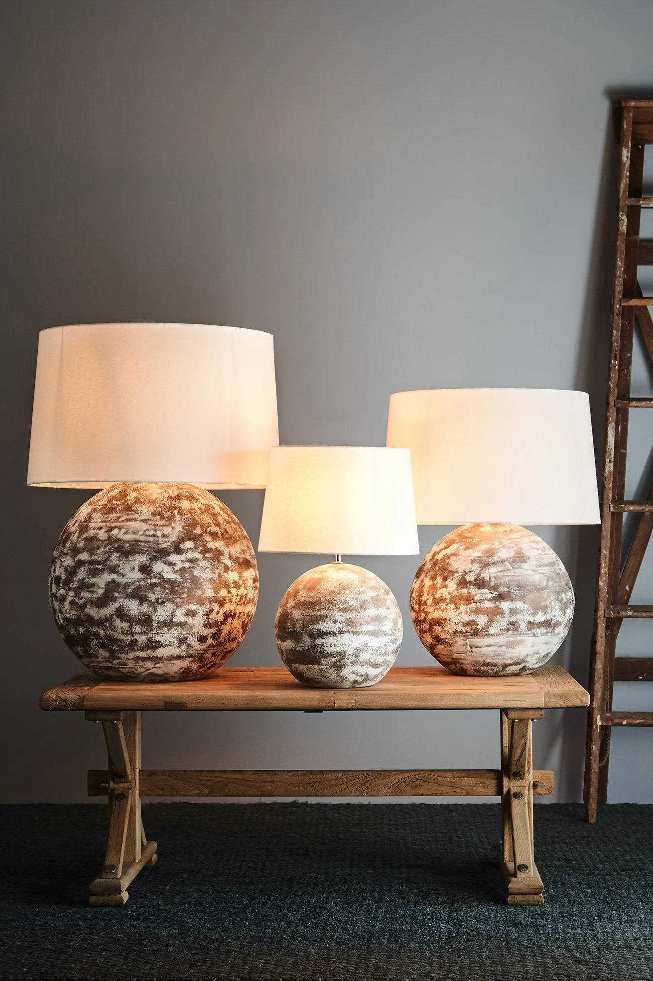 Boule Medium - Distressed White - Turned Wood Ball Table Lamp