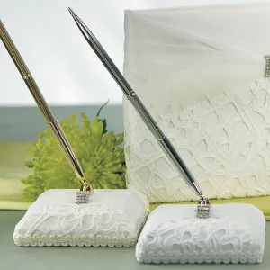 Bridal Tapestry Satin Wrapped Pen Set White