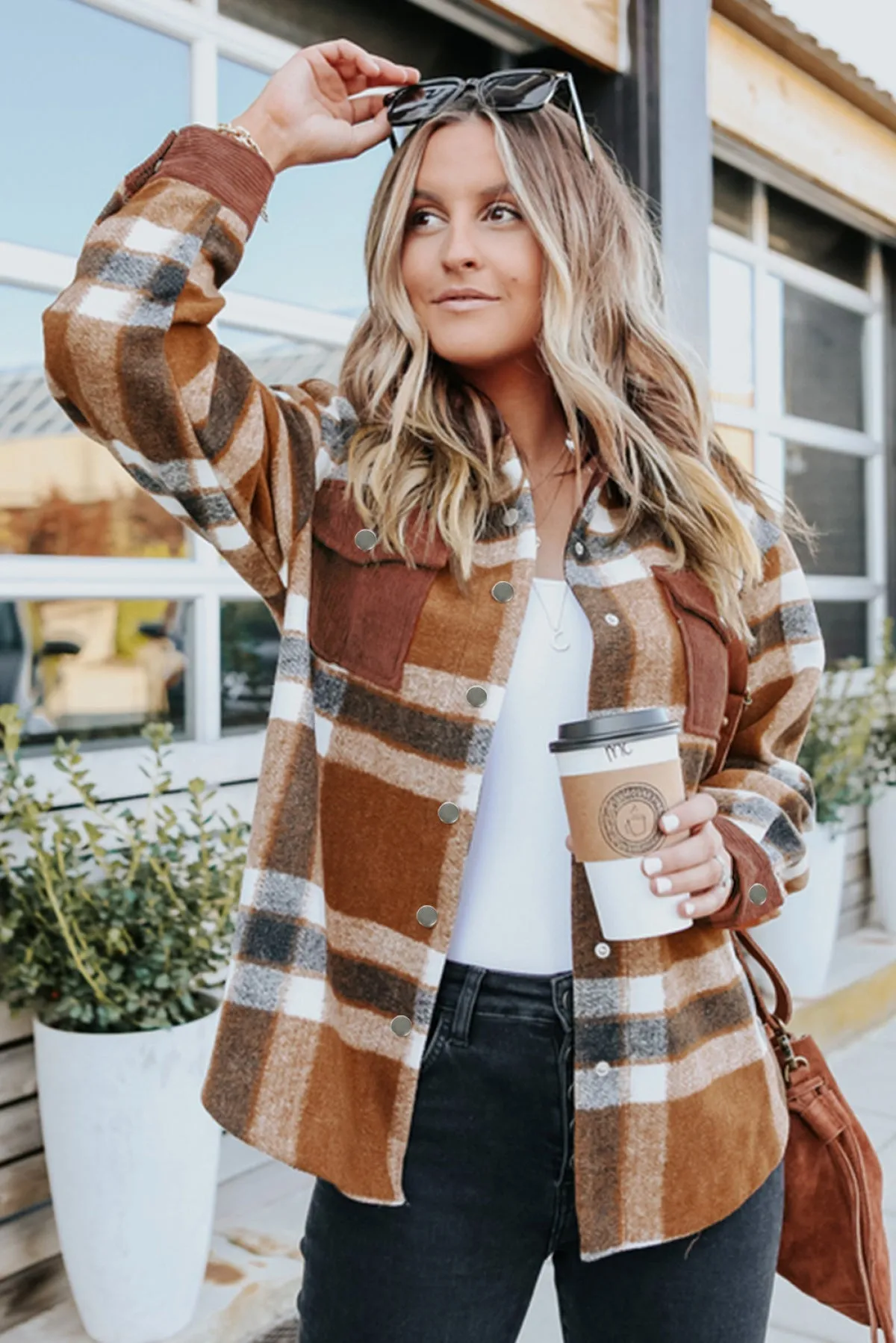 Brown Pocketed Buttoned Plaid Shirt Jacket