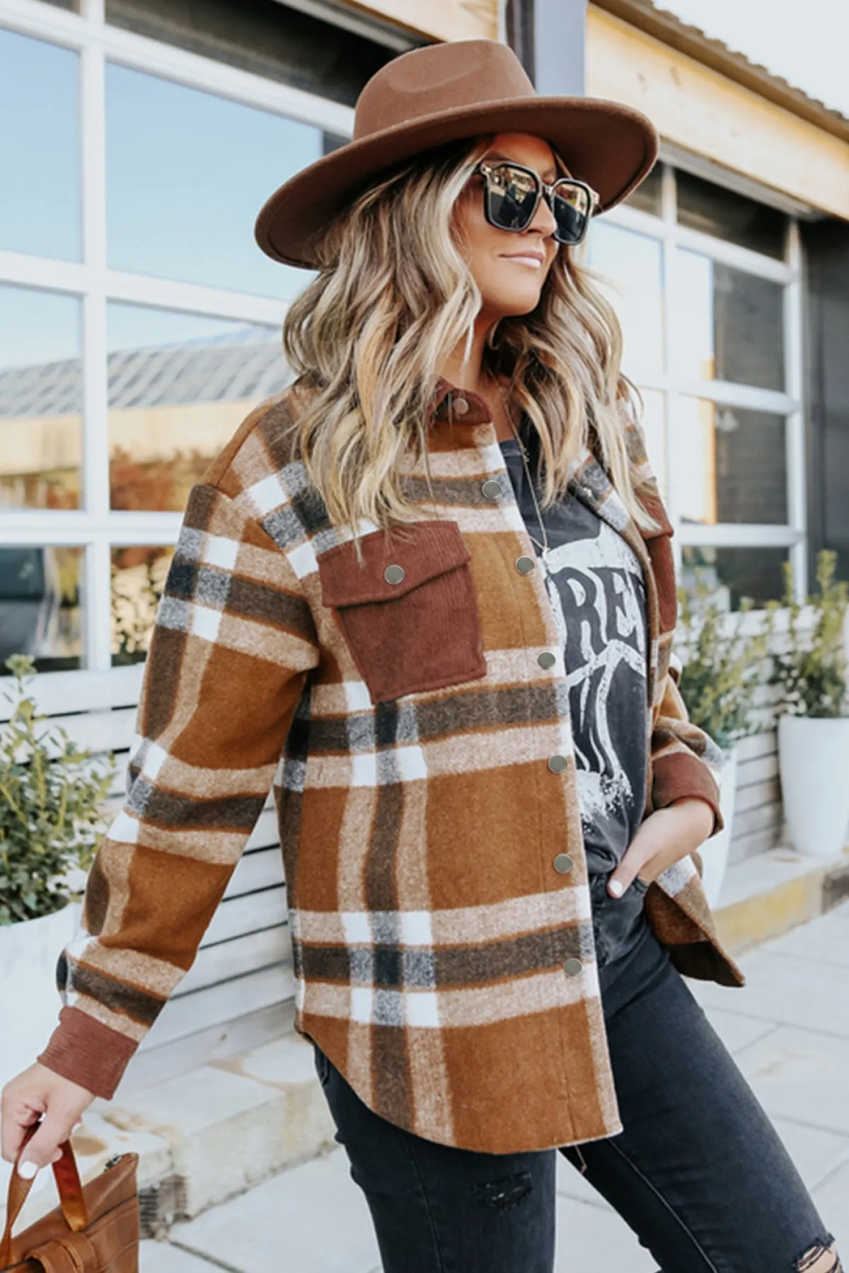 Brown Pocketed Buttoned Plaid Shirt Jacket