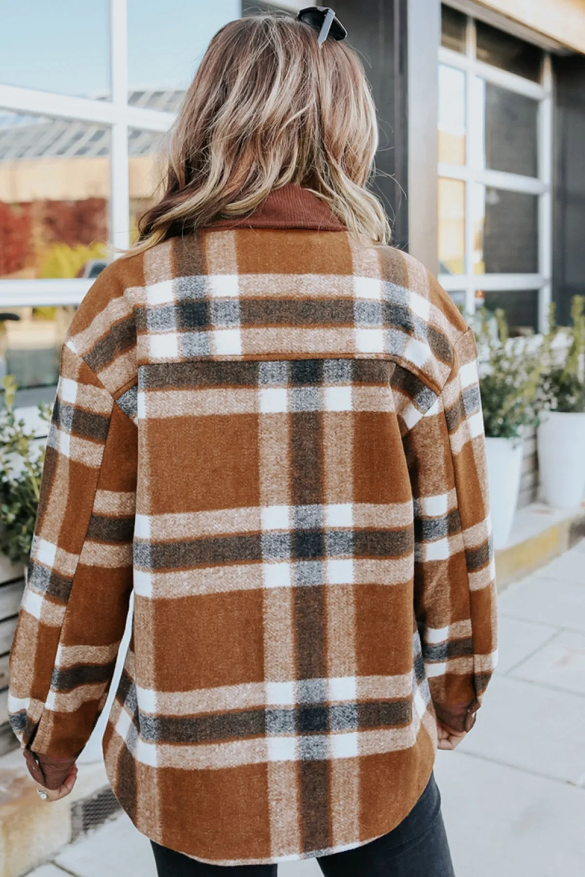 Brown Pocketed Buttoned Plaid Shirt Jacket