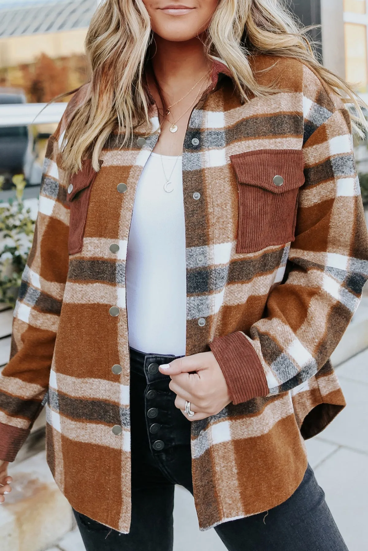 Brown Pocketed Buttoned Plaid Shirt Jacket