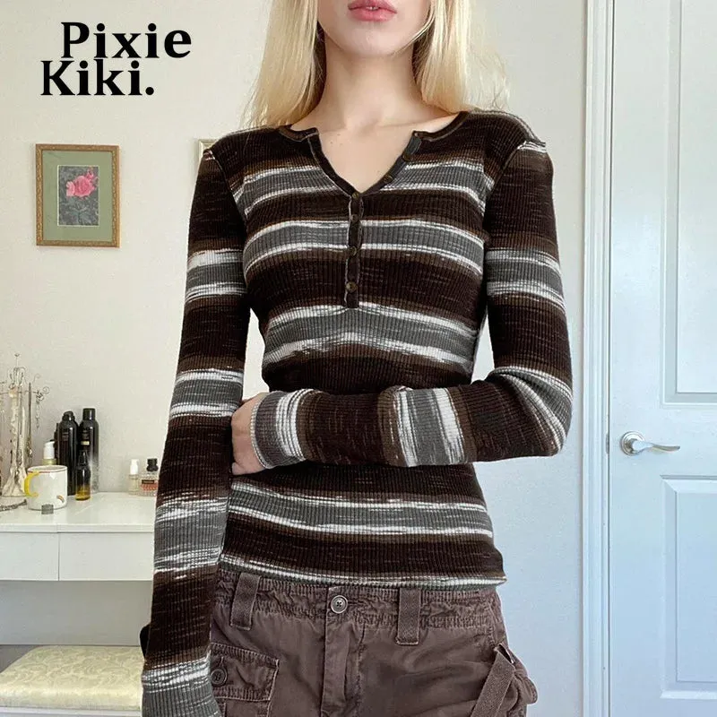 Brown Striped Knitted Long Sleeve Tees Y2k 2000s Vintage Tops Women 2024 Fall Casual T Shirts P77-BD20