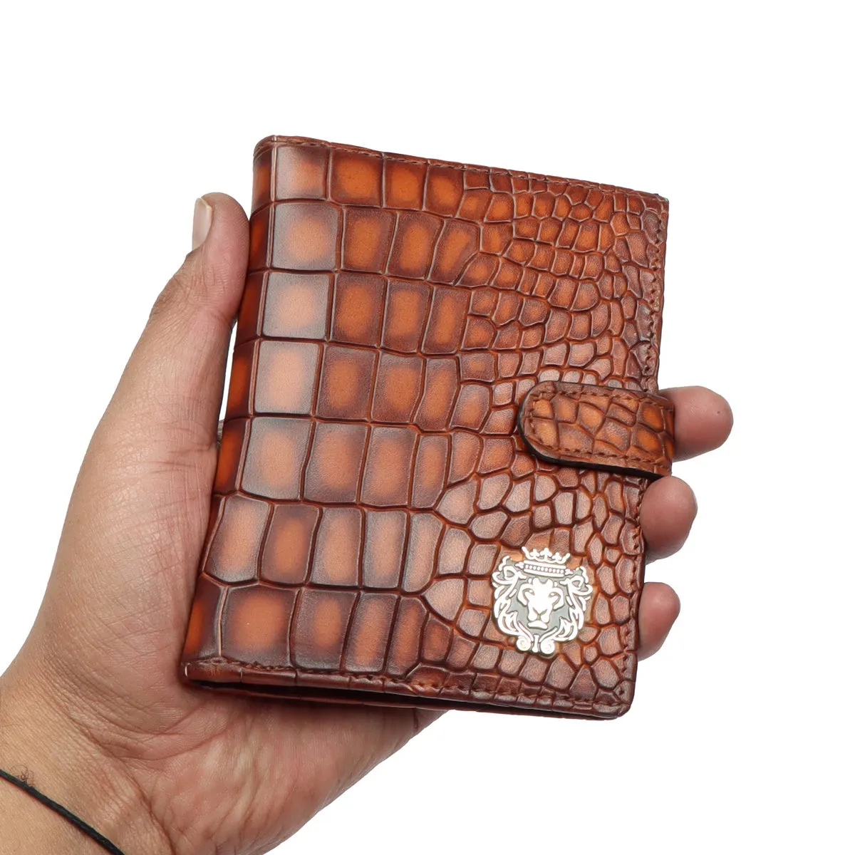 Burnished Tan Brown Deep Cut Croco Leather Passport Holder with Foldable Boarding Pass Pocket By Brune & Bareskin