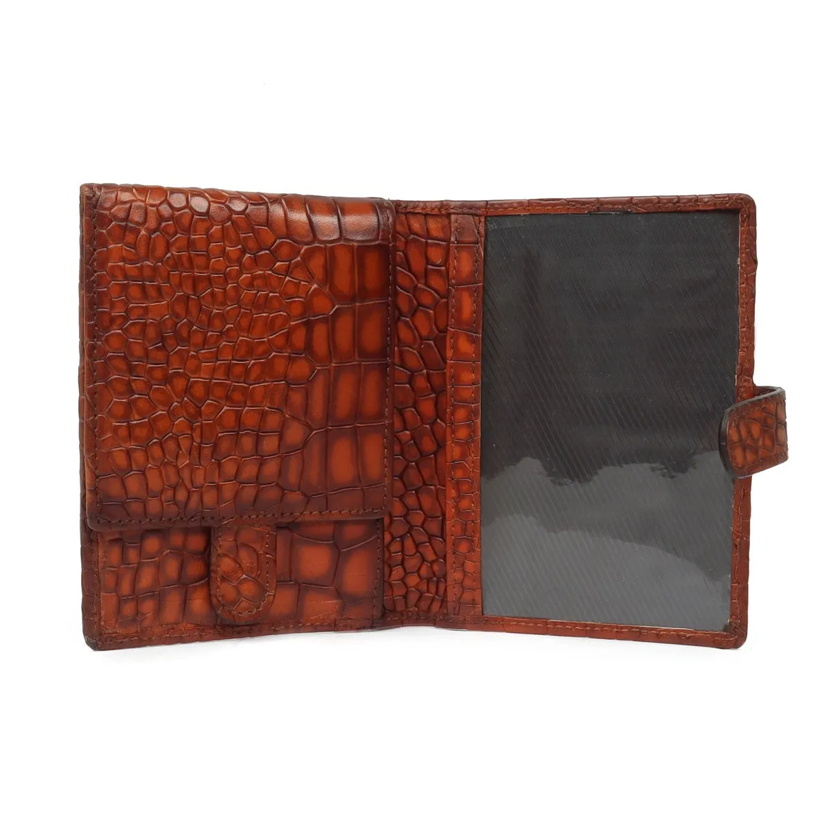 Burnished Tan Brown Deep Cut Croco Leather Passport Holder with Foldable Boarding Pass Pocket By Brune & Bareskin