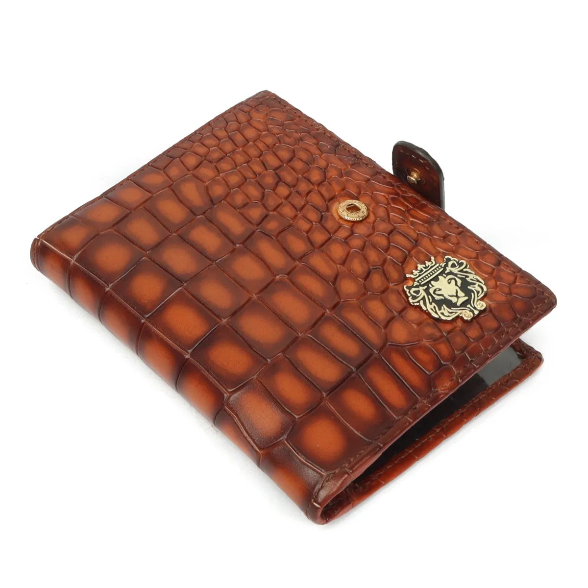 Burnished Tan Brown Deep Cut Croco Leather Passport Holder with Foldable Boarding Pass Pocket By Brune & Bareskin