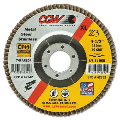 CGW Abrasives Premium Z3 XL T27 Flap Disc, 4-1/2 in dia, 40 Grit, 5/8 in-11 Arbor, 13,300 RPM, 42352