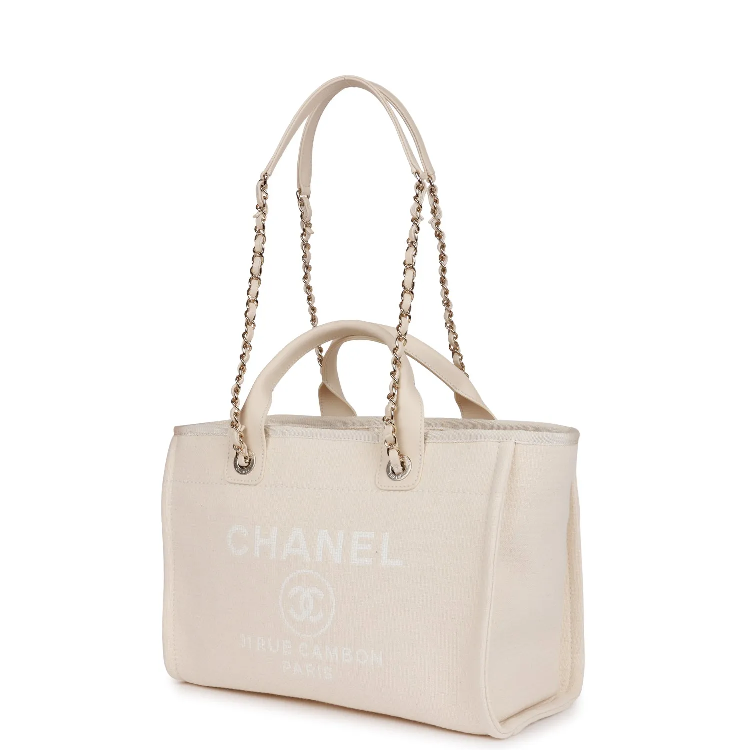 Chanel Small Deauville Shopping Bag White Boucle Light Gold Hardware