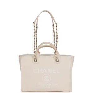 Chanel Small Deauville Shopping Bag White Boucle Light Gold Hardware