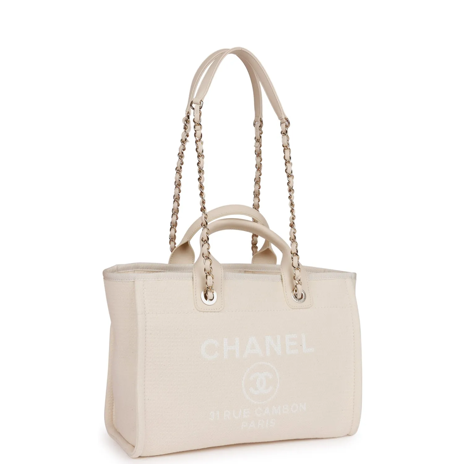 Chanel Small Deauville Shopping Bag White Boucle Light Gold Hardware