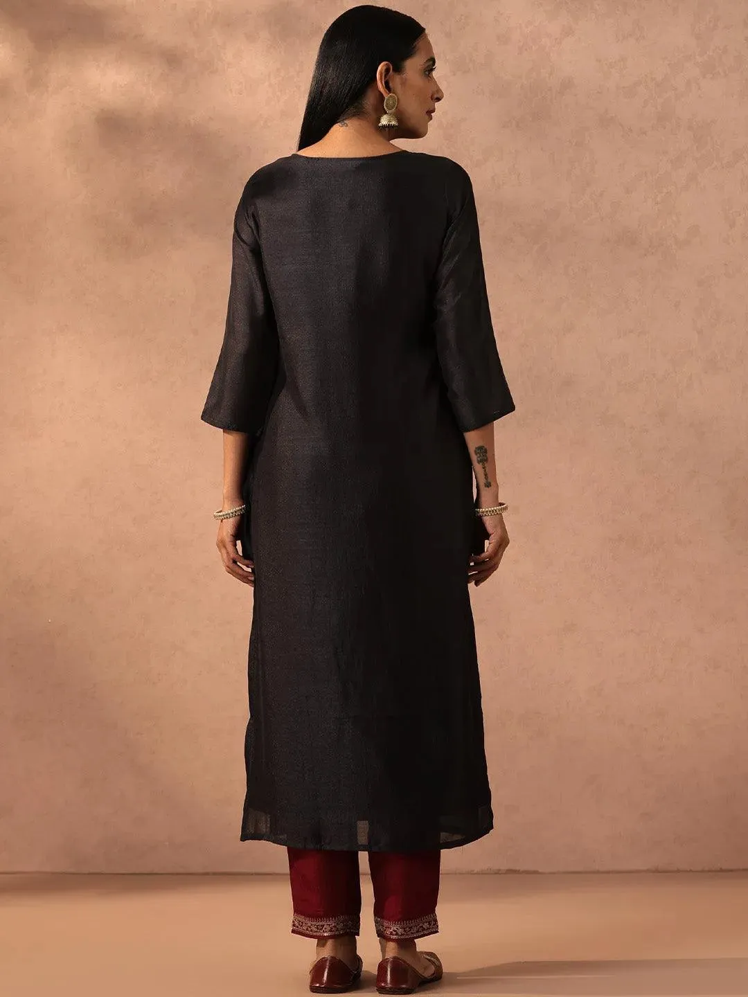 Charcoal Self Design Silk Straight Kurta