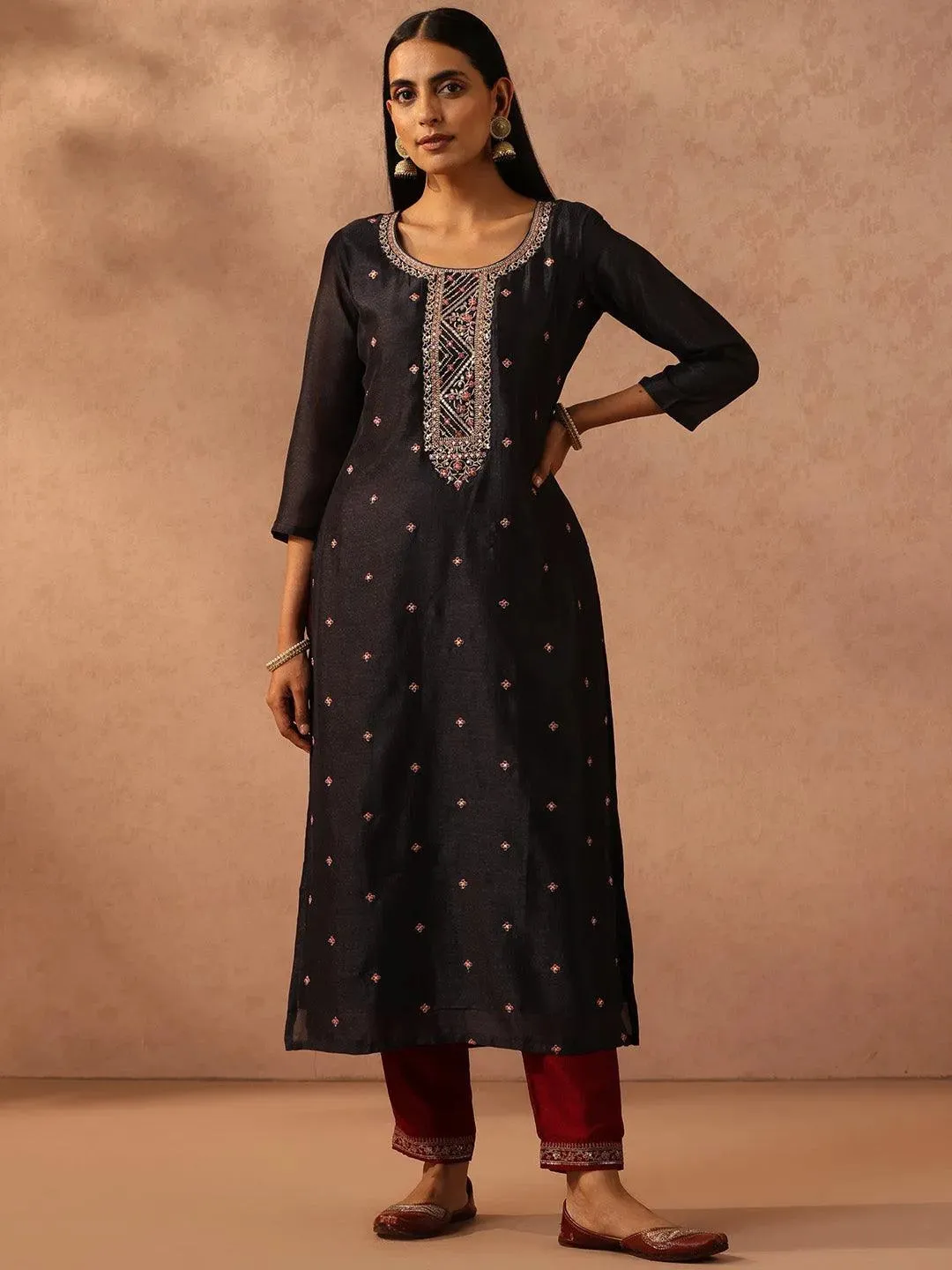 Charcoal Self Design Silk Straight Kurta