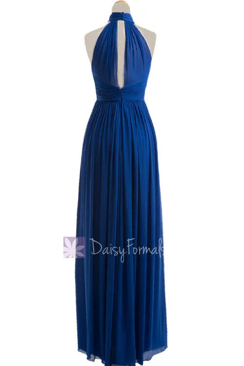 Charming Long High-Collar Sapphire Bridesmaid Dress W/Keyhole Front and Back(BM5742)