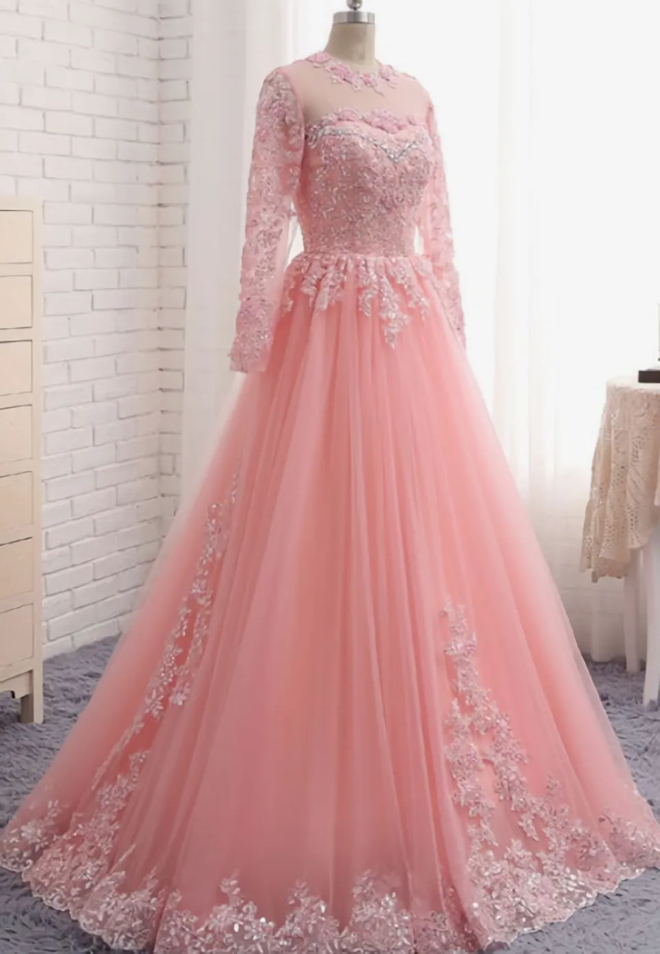 Charming Long Sleeve Appliques Pink Tulle Prom Dresses, Elegant Evening Formal Dress