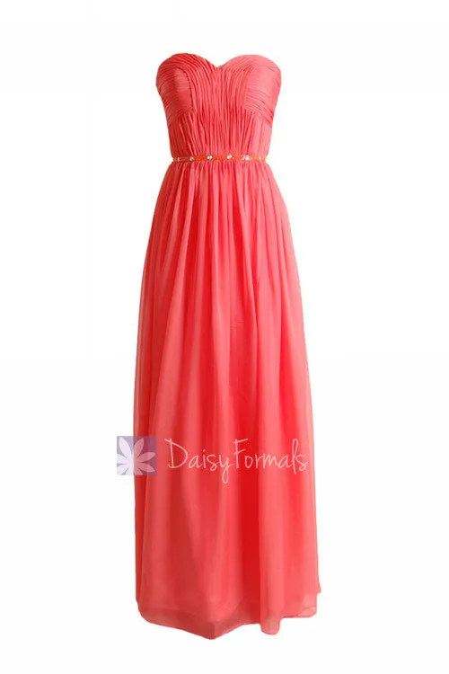 Charming Long Sweetheart Chiffon Bridesmaid Dress Special Coral Beaded Evening Dress(BM1037)